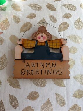 Autumn Greetings Scarecrow Wall Hanging - Fall Decor wooden hand painted